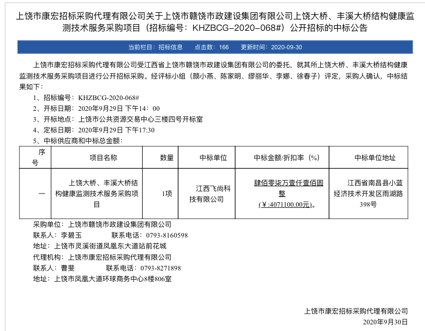 中標(biāo)喜訊——飛尚科技成功中標(biāo)上饒大橋、豐溪大橋結(jié)構(gòu)健康監(jiān)測技術(shù)服務(wù)采購項目